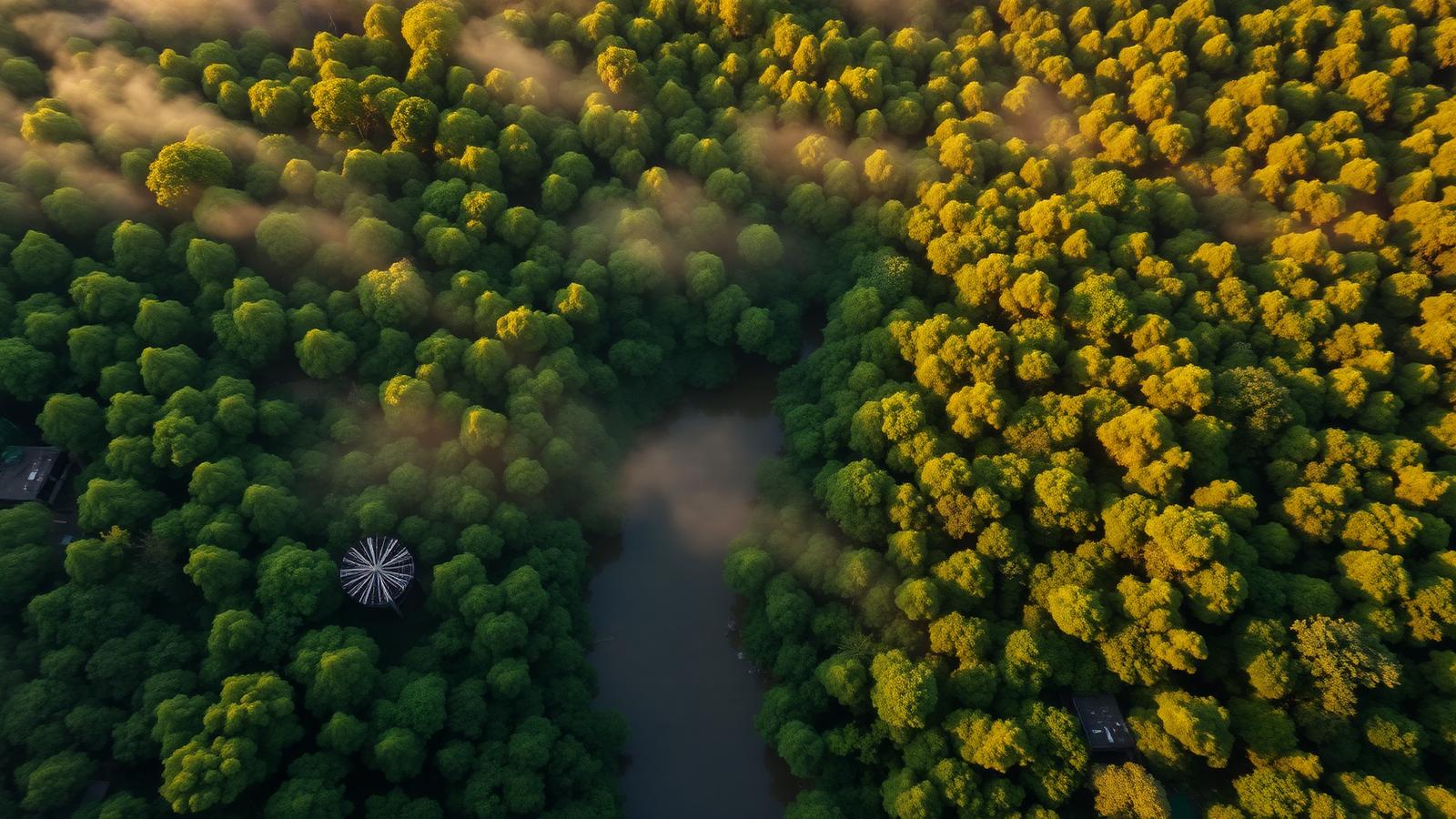 Vista aérea de floresta tropical brasileira cortada por um rio ao amanhecer
